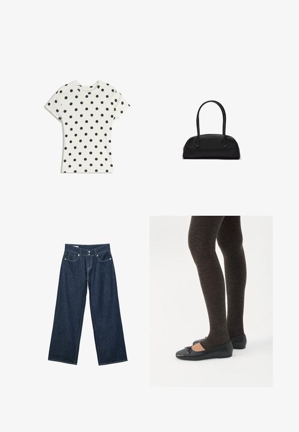 T-shirt blanc à manches courtes avec des pois noirs répartis uniformément sur le tissu, présenté à plat sur un fond blanc.; Jeans en denim bleu foncé à jambes larges avec fermeture à double bouton, poches avant et surpiqûres contrastantes sur fond blanc.; Jambes portant des leggings côtelés foncés associés à des ballerines noires avec de petits détails en nœud sur fond blanc.; Sac à main en cuir noir avec des poignées longues et arrondies et un corps rectangulaire incurvé, doté d'une fermeture éclair supérieure.