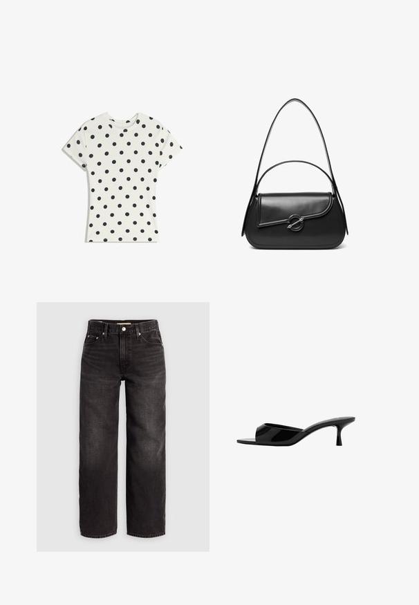 T-shirt blanc à manches courtes avec des pois noirs répartis uniformément sur le tissu, présenté à plat sur un fond blanc.; Levi's® BAGGY DAD - Jean baggy - shrink up; Mule en cuir verni noir à bout ouvert, à petit talon fin et bas type kitten heel, avec un design facile à enfiler.; Sac à bandoulière en cuir noir avec un rabat incurvé fermé par un fermoir métallique rond et une sangle fine et ajustable.