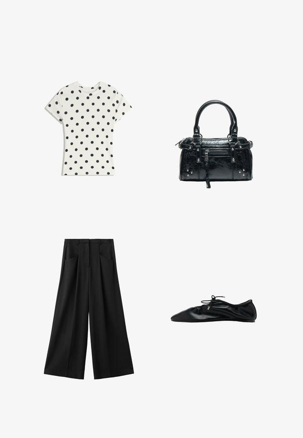 T-shirt blanc à manches courtes avec des pois noirs répartis uniformément sur le tissu, présenté à plat sur un fond blanc.; Pantalon noir à jambes larges avec poches avant, passants pour ceinture, et une fermeture avant dissimulée, présenté sur un fond blanc.; Ballerine plate en cuir noir avec bout froncé et lacet à nouer orné d'embouts métalliques, vue latérale minimaliste et élégante.; Sac à main en cuir noir avec deux poignées, poche avant zippée, clous argentés et surface texturée isolée sur fond blanc.