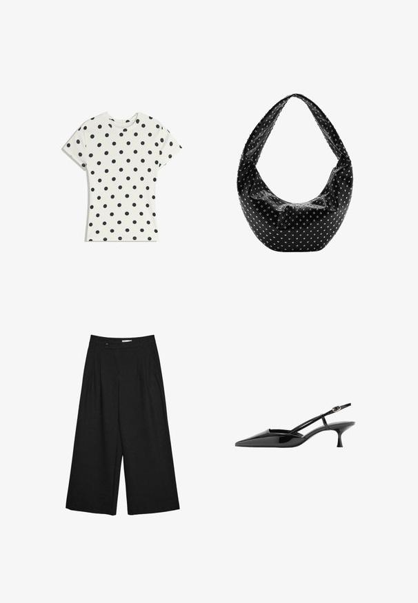 T-shirt blanc à manches courtes avec des pois noirs répartis uniformément sur le tissu, présenté à plat sur un fond blanc.; Pantalon noir à jambes larges et cropped, avec plis sur le devant, passants pour ceinture et fermeture par bouton à la taille.; Chaussure noire en cuir verni à bout pointu, talon kitten, fine bride à la cheville avec boucle dorée.; Sac à main en cuir noir à la forme souple, orné de clous en argent et doté d'une large bandoulière. Texture lisse avec un design froncé.