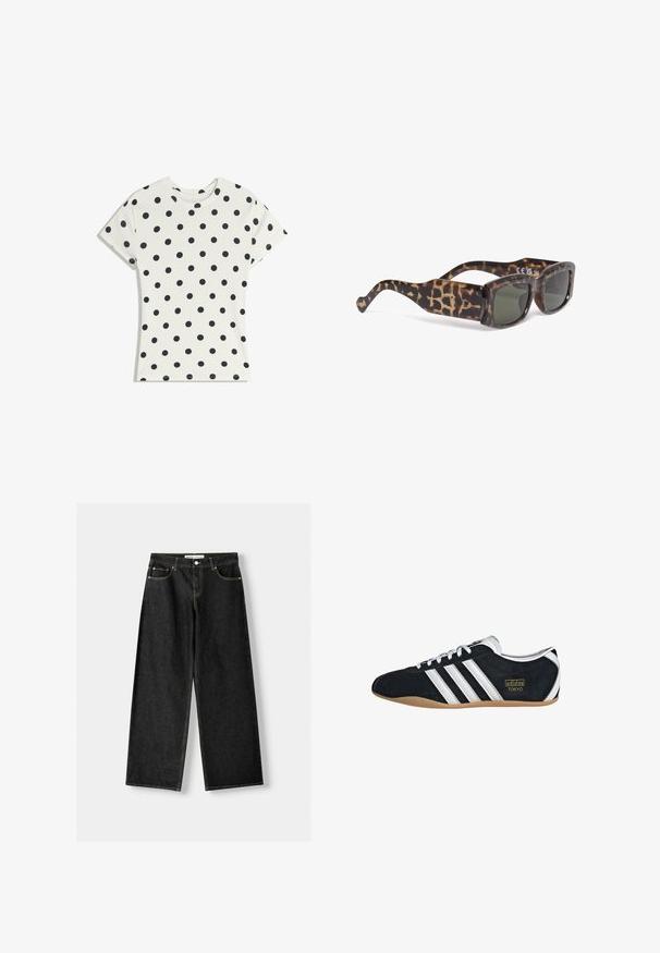 T-shirt blanc à manches courtes avec des pois noirs répartis uniformément sur le tissu, présenté à plat sur un fond blanc.; Jean noir en denim à jambes larges avec cinq poches, fermeture à bouton en métal et zip, et des coutures contrastantes jaunes le long des coutures.; Sneakers en suede noir avec trois bandes blanches, logo doré et semelle en caoutchouc marron. Présente un design à lacets à profil bas.; Lunettes de soleil en écaille brune avec des verres verts, de forme carrée, avec des branches épaisses arborant un motif léopard et un détail de marque subtil sur le côté.