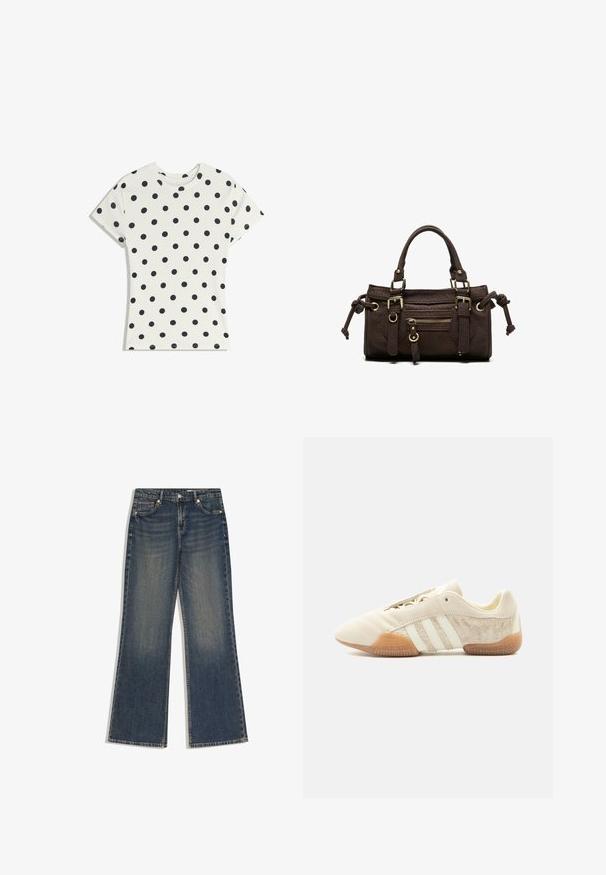 T-shirt blanc à manches courtes avec des pois noirs répartis uniformément sur le tissu, présenté à plat sur un fond blanc.; Jean en denim bleu foncé avec une taille haute, jambes larges et droites, fermeture à boutons et fermeture éclair à l'avant, et design à cinq poches.; Baskets beige profil bas avec trois bandes blanches, panneaux latéraux en suède texturé, semelle en gomme et fermeture à lacets sur fond uni.; Sac à main en cuir marron foncé avec double poignée, poche avant zippée, boucles décoratives et nœuds latéraux sur fond blanc.