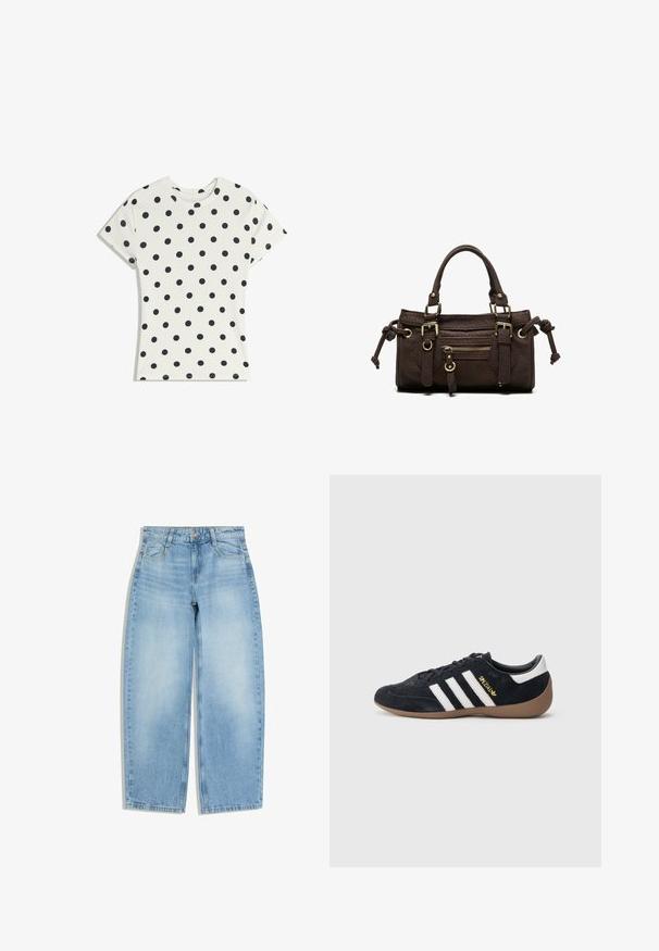 T-shirt blanc à manches courtes avec des pois noirs répartis uniformément sur le tissu, présenté à plat sur un fond blanc.; Jean large bleu clair avec poches avant, passants pour ceinture et fermeture par bouton sur fond blanc.; Baskets en daim noir avec trois bandes blanches, semelle en caoutchouc beige, et un petit logo doré sur le côté. Dotées d'une doublure intérieure noire lisse.; Sac à main en cuir marron foncé avec double poignée, poche avant zippée, boucles décoratives et nœuds latéraux sur fond blanc.
