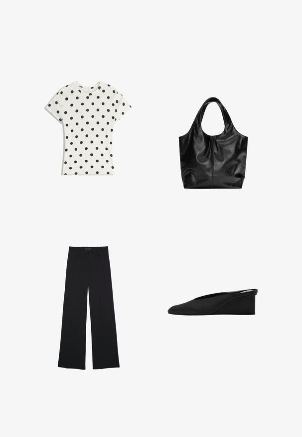 T-shirt blanc à manches courtes avec des pois noirs répartis uniformément sur le tissu, présenté à plat sur un fond blanc.; Pantalon noir à jambes larges avec passants de ceinture, bouton frontal et fermeture éclair, étalé à plat sur un fond blanc.; Mule compensée en cuir noir avec bout pointu et talon bas et solide, style sans lacets.; Sac fourre-tout en cuir noir avec une texture lisse, un haut arrondi doux et de larges poignées. Présente une couture minimale et une silhouette décontractée.