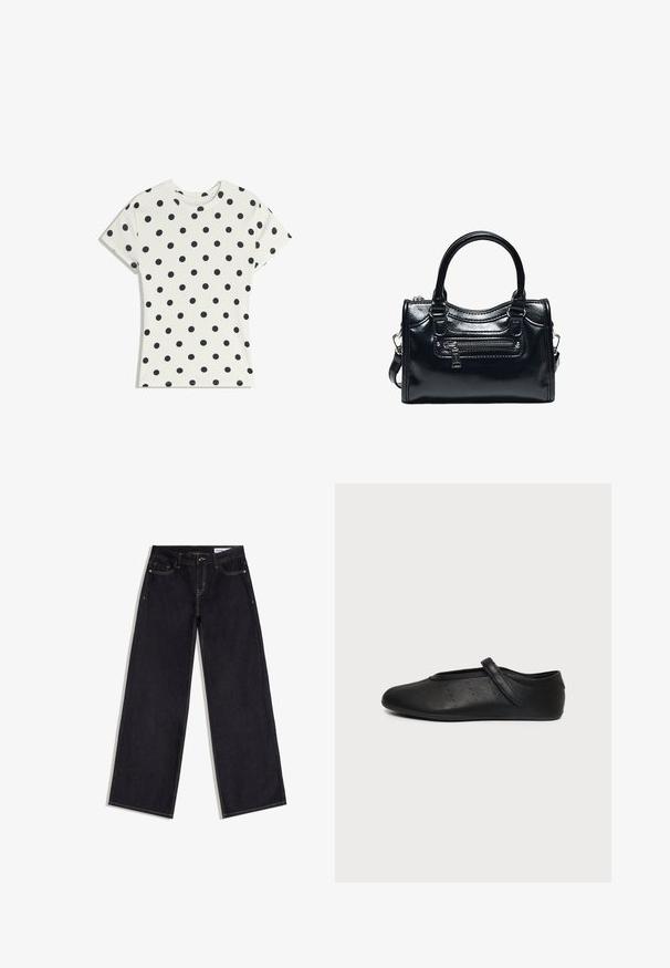 T-shirt blanc à manches courtes avec des pois noirs répartis uniformément sur le tissu, présenté à plat sur un fond blanc.; Jean bleu foncé à jambes larges avec poches avant, passants de ceinture et surpiqûres contrastantes, posé à plat sur un fond blanc.; Chaussure plate Mary Jane en cuir noir avec une bride unique et de petits points perforés sur le côté, présentée sur un fond gris clair uni.; Sac à main en cuir noir brillant avec deux poignées, poche avant zippée et bandoulière amovible sur fond blanc.