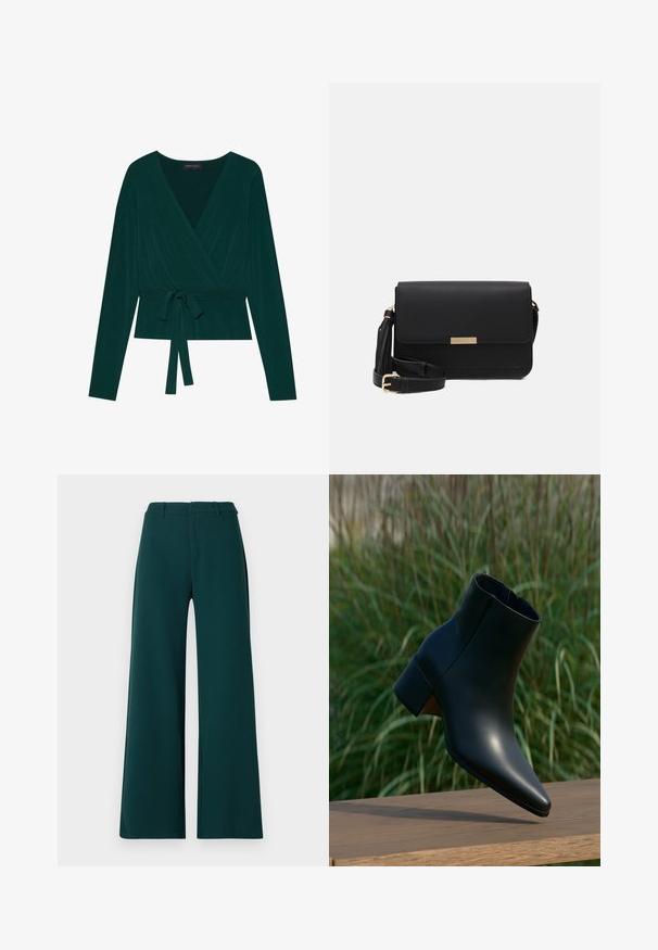 Blusa de color verde oscuro con mangas largas, con un escote en V y cinturón ajustable en la cintura para un ajuste ceñido. Textura suave.; Pantalones de pierna amplia en tela de color verde oscuro. Presentan una cintura alta, pliegues frontales y trabillas para el cinturón. Textura suave y diseño a medida.; Botín negro de cuero con tacón bloque, punta puntiaguda, exhibido sobre superficie de madera con fondo borroso de césped verde.; Bolso cruzado de cuero negro con cierre de solapa, acentos en dorado, correa ajustable y superficie texturizada. Forma rectangular compacta.