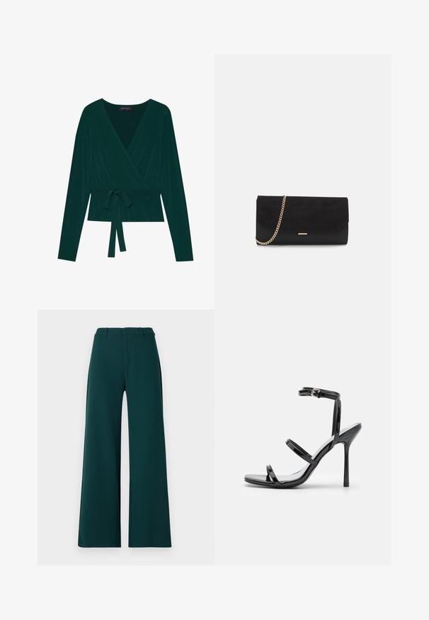 Haut en tissu vert foncé avec de longues manches, présentant un décolleté en V et un lien ajustable à la taille pour un look ajusté. Texture douce.; Pantalons à jambes larges en tissu vert foncé. Présentent une taille haute, des plis avant et des passants de ceinture. Texture lisse et design ajusté.; Sandales à talons hauts en cuir verni noir avec trois sangles horizontales et une sangle de cheville ajustable. Silhouette élégante et finition brillante.; Porte-monnaie noir en daim avec une finition texturée, doté d'une chaîne dorée et d'un design épuré et angulaire.