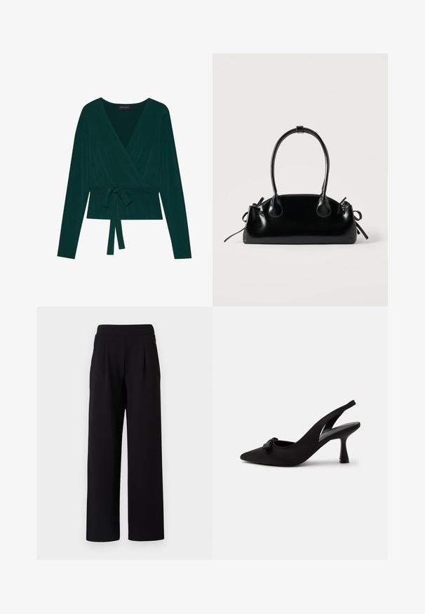 Top i mørkegrønt stof med lange ærmer, der har en V-udskæring og justerbart bånd i taljen for en tætsiddende pasform. Blød tekstur.; TOM TAILOR DENIM PLEATED PANTS - Bukser - deep black; Sort peep-toe slingback højhælet sko med en lille sløjfe foran og en smal hæl, vist mod en hvid baggrund.; Lille sort blank håndtaske med to lange håndtag og snøre-detaljer i siden på en ensfarvet lys baggrund.