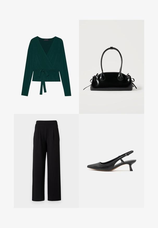 Top in donkergroene stof met lange mouwen, voorzien van een V-hals en een verstelbare strik in de taille voor een figuuraccentuerende look. Zachte textuur.; TOM TAILOR DENIM PLEATED PANTS - Broek - deep black; Zwarte leren slingback schoen met een puntige neus, lage blokhak, uitsnijdingen aan de zijkant en een verstelbare enkelband. Glad oppervlak overal.; Kleine zwarte glanzende handtas met twee lange hengsels en zijkant trekkoord details op een effen lichte achtergrond.