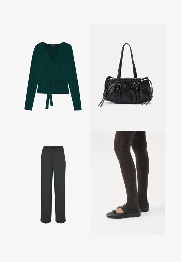 Blusa de color verde oscuro con mangas largas, con un escote en V y cinturón ajustable en la cintura para un ajuste ceñido. Textura suave.; Pantalones de pierna ancha en verde oscuro, hechos de tejido suave. Presentan una cinturilla con pasadores para cinturón, bolsillos delanteros y un corte recto.; Piernas con leggings oscuros acanalados combinados con bailarinas negras que presentan pequeños detalles de lazo sobre un fondo blanco.; Bolso de mano de cuero negro con forma redondeada, asas dobles, acentos de hardware decorativo y detalles de lazo en los laterales. Textura lisa y brillante.