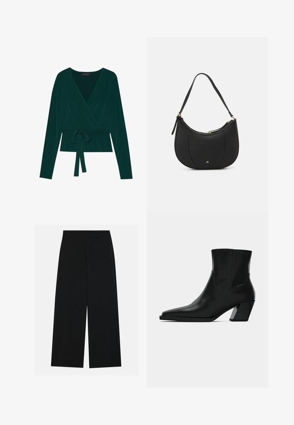 Top in donkergroene stof met lange mouwen, voorzien van een V-hals en een verstelbare strik in de taille voor een figuuraccentuerende look. Zachte textuur.; Zwart, wijde broek van een gladde stof. Heeft een plat tailleband met riemlussen en geen zichtbare zakken. Eenvoudig ontwerp.; Zwarte leren enkelboot met een spitse neus, een slanke silhoeet en een chunky vierkante hak. Gladde textuur met minimale stikdetails.; Zwarte leren handtas met een gebogen vorm, textuuroppervlak, voornaden en een logo in goudkleur. Beschikt over een enkele verstelbare schouderband.