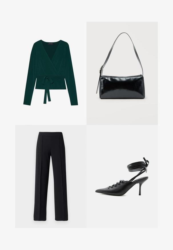 Blusa de color verde oscuro con mangas largas, con un escote en V y cinturón ajustable en la cintura para un ajuste ceñido. Textura suave.; Pantalones negros de corte ajustado con un diseño de pierna ancha, fabricados en una tela suave y elástica; cuentan con pliegues frontales y una cinturilla elástica.; Zapato de tacón alto negro con punta puntiaguda, con cordones en la parte delantera y correas que rodean el tobillo atadas con un lazo, mostrado de lado sobre un fondo blanco.; Bolso de hombro rectangular negro con una correa ajustable y un cierre de cremallera superior sobre un fondo liso.