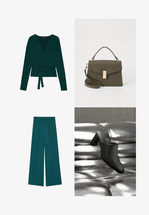 Blusa de color verde oscuro con mangas largas, con un escote en V y cinturón ajustable en la cintura para un ajuste ceñido. Textura suave.; Pantalones de pierna ancha en un color azul verdoso profundo con un acabado texturizado, que cuentan con una cintura atada para un ajuste ajustable y una silueta fluida.; Mula de cuero negro con tacón ancho descansando sobre una superficie plateada brillante acolchada, destacando su diseño elegante y detalles curvados.; Pequeño bolso de mano verde oliva con un diseño estructurado, que cuenta con un asa superior, una correa de hombro desmontable y un cierre frontal en tono dorado.