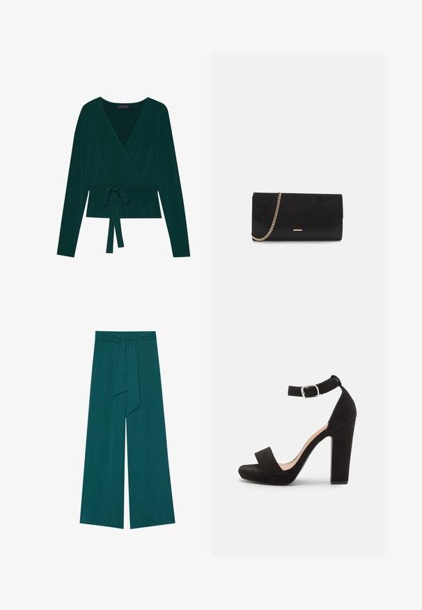Blusa de color verde oscuro con mangas largas, con un escote en V y cinturón ajustable en la cintura para un ajuste ceñido. Textura suave.; Pantalones de pierna ancha en un color azul verdoso profundo con un acabado texturizado, que cuentan con una cintura atada para un ajuste ajustable y una silueta fluida.; Anna Field Sandalias - black; Bolso de mano negro hecho de ante con un acabado texturizado, que presenta una cadena dorada y un diseño elegante y angular.