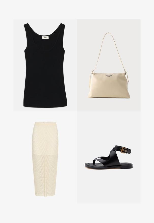 Schwarzes Tanktop aus weichem Stoff mit Rundhalsausschnitt und breiten Schulterträgern. Es hat eine taillierte Form und ein sauberes, nahtloses Design.; Knielanger Rock in Creme mit einem strukturierten, wellenförmigen Muster. Hergestellt aus einem leichten, schimmernden Stoff, der eine figurbetonte Silhouette bietet.; Schwarze flache Sandale mit Zehenriemen, breiten ledernen Kreuzriemen und einem Knöchelriemen mit goldfarbenem Schnallenverschluss.; Cremefarbene Leder-Umhängetasche mit silbernem geflügeltem Emblem und dünnem Riemen vor einfachem Hintergrund.
