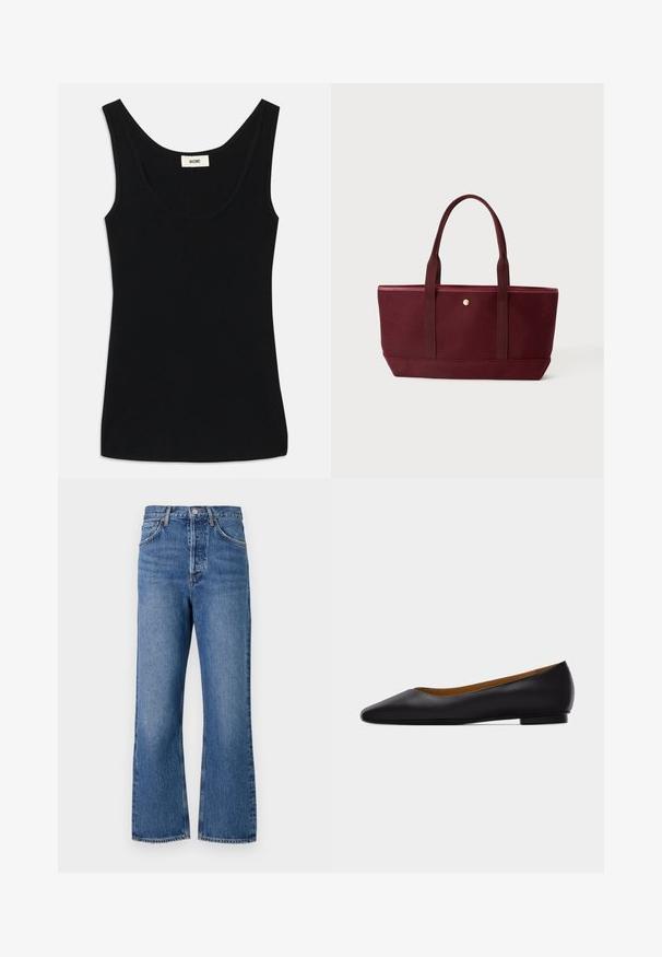 Schwarzes Tanktop aus weichem Stoff mit Rundhalsausschnitt und breiten Schulterträgern. Es hat eine taillierte Form und ein sauberes, nahtloses Design.; Hochtaillierte blaue Jeans aus Denim mit geradem Bein, fünf Taschen und dezentem Verblassen. Klassischer Knopfverschluss und Ziernähten.; Schwarzer flacher Schuh aus Leder mit spitz zulaufender Vorderkappe, niedrigem Absatz und glatter Oberfläche, von der Seite vor einem hellgrauen Hintergrund dargestellt.; Große rechteckige burgunderrote Tragetasche mit zwei passenden Griffen und einem kleinen runden goldenen Knopfdetail vorne.