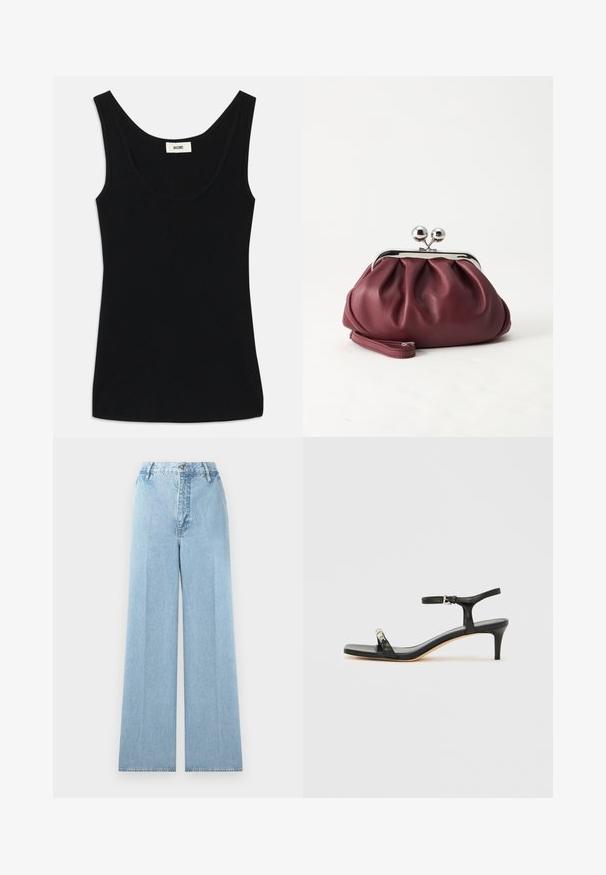 Zwarte tanktop van zacht materiaal met een ronde halslijn en brede schouderbanden. Heeft een getailleerde pasvorm en een schoon, naadloos ontwerp.; Lichtblauwe wijde jeans gemaakt van denim met een hoge taille, voorzien van vijf riemlussen, een voorknopsluiting en gestikte naden.; Zwarte leren sandaal met hak, enkelbandje, open neus, vierkante voorkant en zilverkleurige accenten. Gesloten ontwerp met een slank profiel.; Kleine bordeauxrode leren clutch-portemonnee met zilverkleurige metalen sluiting en polsbandje op een witte achtergrond.