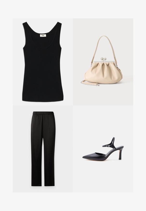 Schwarzes Tanktop aus weichem Stoff mit Rundhalsausschnitt und breiten Schulterträgern. Es hat eine taillierte Form und ein sauberes, nahtloses Design.; Schwarze gerade Hosen mit elastischem Bund, aus glattem Stoff und ohne sichtbare Taschen oder Verzierungen, auf einem weißen Hintergrund präsentiert.; Schwarzer spitzer High Heel mit dünnem Knöchelriemen und silberner Schnalle, glatte Lederoberfläche, eleganter Damenschuh.; Beige weiche Lederhandtasche mit silbernem Metallrahmenverschluss, einem Schulterriemen und einem optionalen Kettenriemen auf weißem Hintergrund.