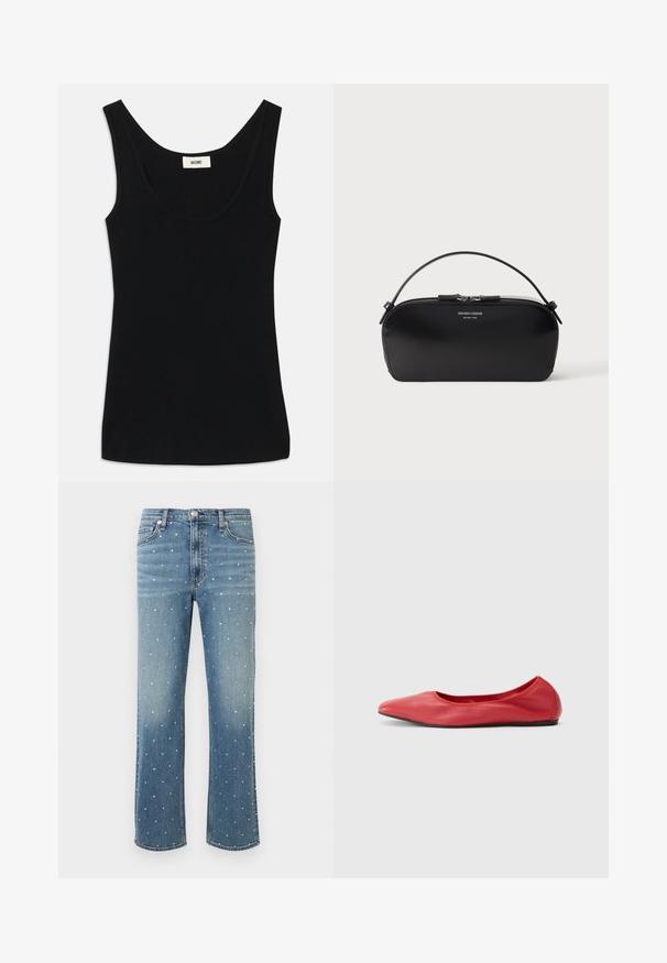 Schwarzes Tanktop aus weichem Stoff mit Rundhalsausschnitt und breiten Schulterträgern. Es hat eine taillierte Form und ein sauberes, nahtloses Design.; Blaue Jeans aus Denim mit geradem Beinverlauf, versehen mit einem gepunkteten Muster aus kleinen silbernen Verzierungen und klassischem Fünf-Taschen-Design.; Filippa K REY FLATS - Klassischer Ballerina - bright red; Schwarze Leder-Armbandtasche mit silbernem Reißverschluss und kurzem Griff, geprägtes Emporio Armani Milano 1981-Logo auf der Vorderseite.