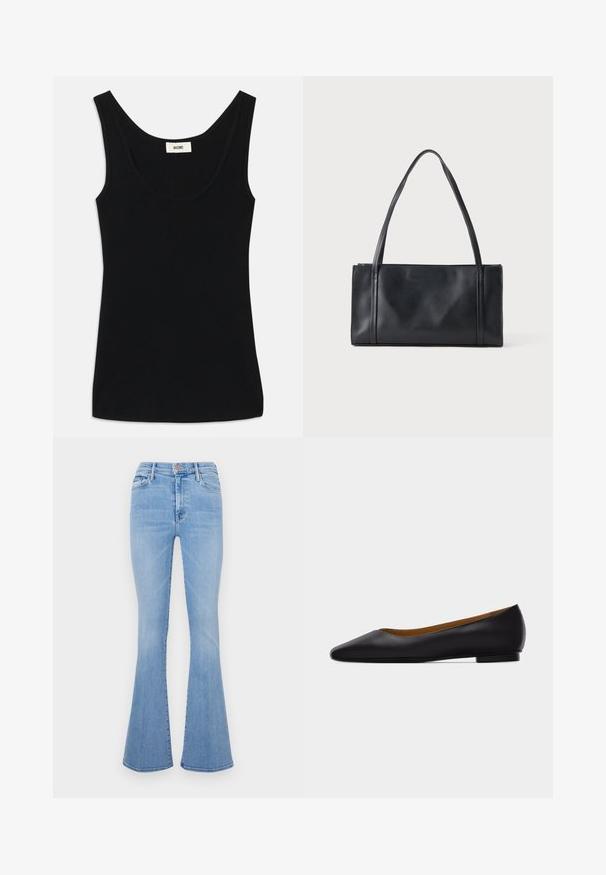 Schwarzes Tanktop aus weichem Stoff mit Rundhalsausschnitt und breiten Schulterträgern. Es hat eine taillierte Form und ein sauberes, nahtloses Design.; Helle blaue, aus Denim gefertigte, hoch taillierte Schlagjeans mit vorderen Taschen und einem dezenten, ausgewaschenen Look.; Schwarzer flacher Schuh aus Leder mit spitz zulaufender Vorderkappe, niedrigem Absatz und glatter Oberfläche, von der Seite vor einem hellgrauen Hintergrund dargestellt.; Schwarze rechteckige Ledertasche mit zwei dünnen Schulterriemen vor einem einfarbigen hellen Hintergrund.