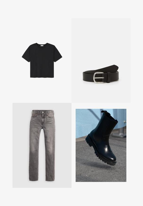Zwarte T-shirt met korte mouwen van katoen, met een ronde halslijn en een rechte zoom. Eenvoudig en onopgesmukt ontwerp.; Slim-fit grijze gewassen herenjeans met vijf zakken, riemlussen en knoopsluiting, plat neergelegd op een witte achtergrond.; Zwarte leren enkellaars met elastische zijpanelen, een afgeronde neus en een dikke, gestructureerde zool. Gladde afwerking met een minimalistisch design.; Zwarte leren riem met een gladde textuur, voorzien van een metalen zilveren gesp en een taps toelopende punt. Eenvoudig, klassiek ontwerp.