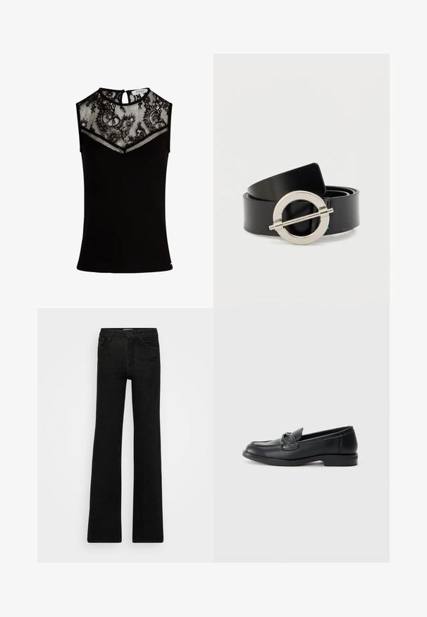 Top sans manches noir avec un empiècement en dentelle et un panneau en maille, texture côtelée, détail en forme de serrure au dos, et une coupe ajustée.; Jeans évasés noirs en denim. Le design comprend deux poches avant et une fermeture éclair, avec une texture lisse et uniforme et des lignes nettes.; Mocassins en cuir noir avec un bout arrondi, un design cousu et un accent en nœud sur la tige. Talon bas et texture lisse.; Ceinture en cuir synthétique noir avec une boucle ronde en métal argenté. Texture plate et lisse avec un design épuré et sans motifs visibles.