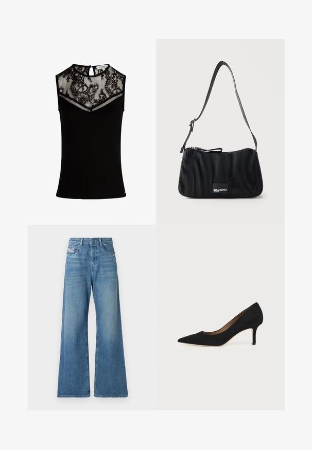 Top sans manches noir avec un empiècement en dentelle et un panneau en maille, texture côtelée, détail en forme de serrure au dos, et une coupe ajustée.; Jean denim à jambes larges de couleur bleu clair avec des ornements sur les poches avant. Caractérisé par une taille haute et une texture lisse.; Escarpin en daim noir à bout pointu avec un talon stiletto fin de hauteur moyenne et un design à coupe basse sur un fond uni.; Sac à épaule en tissu noir côtelé avec bandoulière réglable et une petite étiquette "Karl Lagerfeld Jeans" à l'avant.