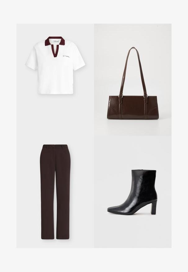 Polo blanc à manches courtes avec col et patte en rouge foncé, petit logo script noir sur la poitrine gauche et étiquette sur la couture latérale.; Pantalon droit marron foncé avec passants de ceinture, braguette devant et poches latérales, présenté sur un fond blanc uni.; Bottine noire en cuir brillant, avec un bout pointu et un talon carré moyen, présentant une texture lisse et un design simple.; Sac à main en cuir verni marron de forme rectangulaire, avec deux longues poignées et des accents courbés subtils à l'avant.