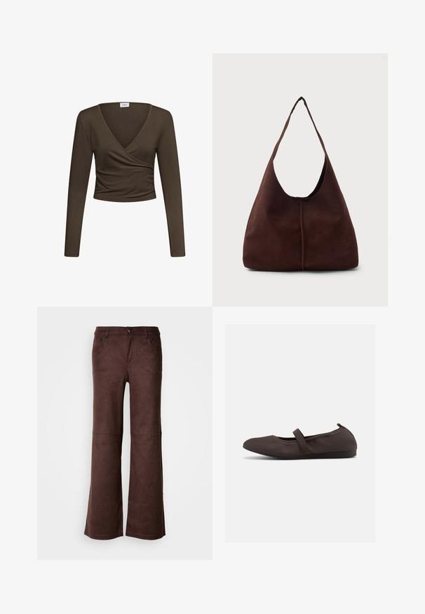 Haut court à manches longues marron foncé avec col en V style cache-cœur et légère fronce à la taille, présenté sur fond blanc uni.; Pantalons évasés marron en tissu doux semblable à du daim. Comprend quatre poches, une fermeture à bouton et une surface lisse et texturée.; Ballerine marron avec bride élastique et bout arrondi, présentée sur fond blanc, vue de côté.; Sac hobo en daim marron avec une grande ouverture courbée et une large bandoulière. Présente une couture centrée à l'avant. Texture lisse.