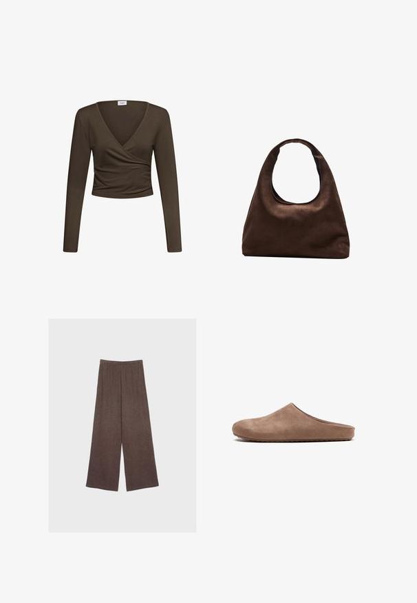 Haut court à manches longues marron foncé avec col en V style cache-cœur et légère fronce à la taille, présenté sur fond blanc uni.; Pantalon large marron avec taille élastique, fabriqué en tissu doux et texturé, présenté à plat sur un fond neutre.; Mule en daim marron à enfiler avec bout rond fermé et semelle plate texturée, photographiée de profil sur un fond blanc.; Sac à main en toile marron doux de style hobo avec une large sangle unique et une ouverture en haut arrondie, présenté sur un fond blanc.