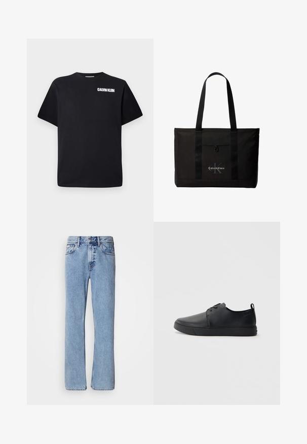Musta puuvillainen t-paita, jossa on pyöreä pääntie, lyhyet hihat ja valkoinen "CALVIN KLEIN" -logo painettuna vasempaan yläkulmaan.; Vaaleansiniset farkut, joissa on suora lahkeiden muotoilu, viisi taskua ja napitus. Ompeleet taskujen ja vyötärökaistaleen lähellä.; Musta nahkakengät hienolla pinnalla, pyöreällä varvastyönnöllä, sävyyn sointuvilla ompeluilla, nauhakengät edessä ja littealla kumipohjalla. Silmukka kantapäässä.; Musta Calvin Kleinin kangaskassi, jossa kaksi pitkää kahvaa ja etutasku, brändin logo valkoisena ja harmaana.