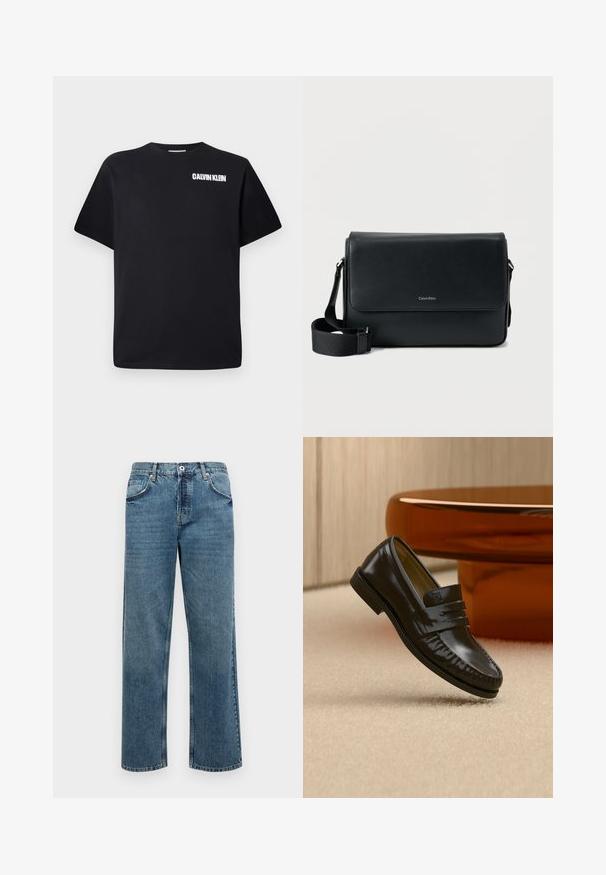 Musta puuvillainen t-paita, jossa on pyöreä pääntie, lyhyet hihat ja valkoinen "CALVIN KLEIN" -logo painettuna vasempaan yläkulmaan.; Siniset farkut suoran leikkauksen kanssa, viidellä taskulla, nappi- ja vetoketjukiinnityksellä, sekä näkyvät ompeluyksityiskohdat.; Kiiltävä musta nahkainen loafer, jossa on hihnakiinnitys, sijoitettuna beigeväriselle matolle pehmeästi valaistussa huoneessa, lähellä pyöreää ruskeaa sohvapöytää.; Musta nahkainen olkalaukku, jossa on teksturoiduilla yksityiskohdilla, säädettävä hihna ja etukannessa hillitty logo. Kompakti ja suorakulmainen muoto.
