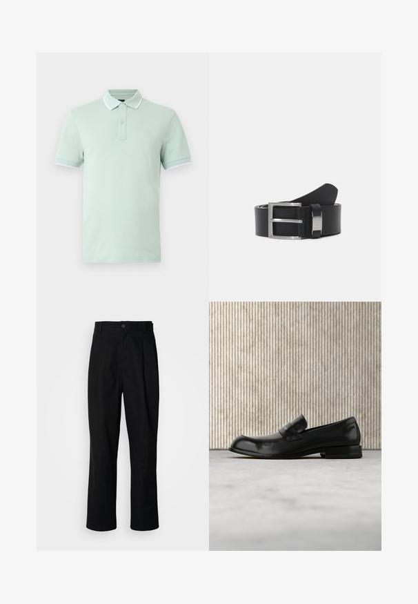 Polo vert clair à manches courtes avec deux boutons, bord blanc sur le col et les poignets, et petit logo carré sur la poitrine gauche.; Pantalons noirs à jambes droites avec une taille à bouton, passants de ceinture et pli avant, présentés sur un fond blanc uni.; Mocassin en cuir noir avec un accent métallique, présenté en lévitation au-dessus d'un tapis beige, avec une table ronde de couleur ambre en arrière-plan.; Ceinture en cuir noir avec une boucle en métal argenté au design à double ardillon. Texture lisse et forme rectangulaire classique.