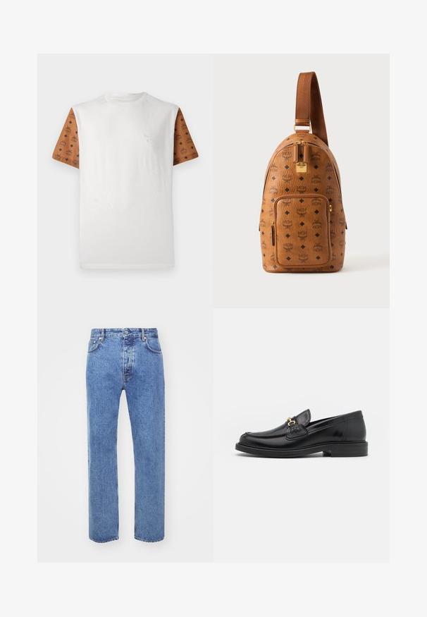 T-shirt met korte mouwen met een witte body en gemusterde bruine mouwen met een herhalend ontwerp in het zwart. Gedetailleerd logo op de borst.; Won Hundred STEVE - Relaxed fit jeans - cut blue; Zwarte leren instappers met een ronde neus, voorzien van een gouden hardware accent en stikdetails, geplaatst op een lage, getextureerde rubberen zool.; Bruine leren slingrugzak met zwart diamant- en MCM-logo patroon, voorvak met ritssluiting, gouden rits en verstelbare band.
