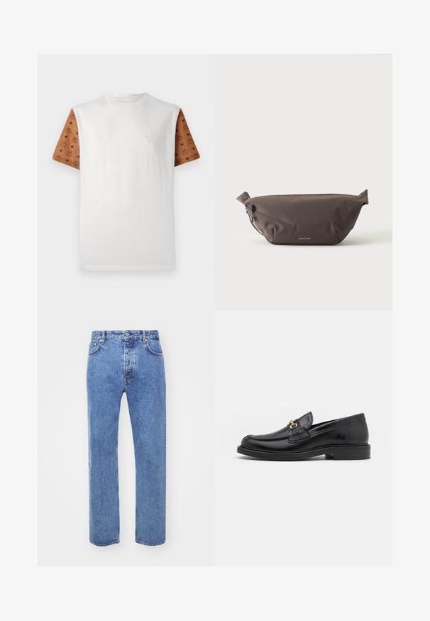 T-shirt met korte mouwen met een witte body en gemusterde bruine mouwen met een herhalend ontwerp in het zwart. Gedetailleerd logo op de borst.; Won Hundred STEVE - Relaxed fit jeans - cut blue; Zwarte leren instappers met een ronde neus, voorzien van een gouden hardware accent en stikdetails, geplaatst op een lage, getextureerde rubberen zool.; Donkerbruine stoffen heuptas met diagonale ritssluiting en klein wit logo aan de voorkant, tegen een effen lichte achtergrond.