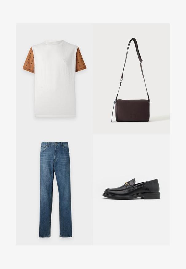 T-shirt à manches courtes avec un corps blanc et des manches marron à motif présentant un design répétitif en noir. Logo détaillé sur la poitrine.; Jeans en denim bleu foncé, design à jambe droite, style à cinq poches, couture visible et fermeture à bouton classique. Effet de délavage léger sur le tissu.; Mocassins en cuir noir avec un embout rond, présentant des accents en métal doré et des détails de couture, montés sur une semelle en caoutchouc texturé et basse.; Sac bandoulière en cuir marron foncé texturé avec une sangle réglable et un petit accent décoratif bleu sur le côté.