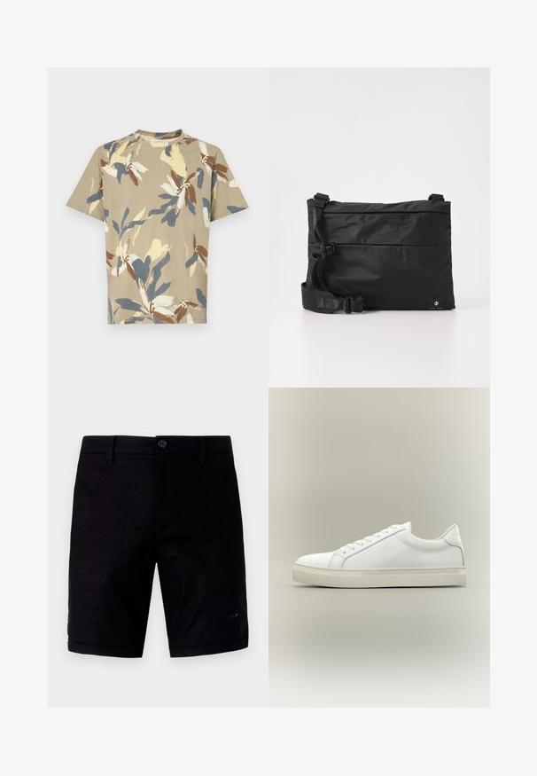 Kurzärmliges, Rundhalsausschnitt-T-Shirt in Beige mit mehrfarbigem Blumenmuster in Blau, Gelb und Braun. Weicher Stoff mit lässiger Passform.; Schwarze Shorts mit einer glatten Textur, ausgestattet mit einem Knopfverschluss, traditionellen Taschen und umgeschlagenen Säumen. Hergestellt aus leichtem Stoff.; Weißer Sneaker mit niedrigem Schaft, vorn mit Schnürung und dicker Sohle, aus der Seitenansicht vor neutralem Hintergrund.; Schwarze Nylon-Umhängetasche mit verstellbarem Riemen, flachem Design und seitlichem Etikett mit Logo. Glatte Textur und minimalistischer Stil.