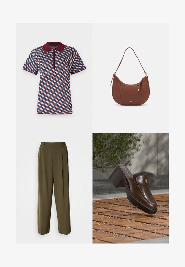 Πόλο μπλούζα με κοντά μανίκια που διαθέτει γεωμετρικό μοτίβο σε βουργουνδί, μπλε και κρεμ χρώμα, με φερμουάρ στο μπροστινό μέρος και ριμπ γιακά.; Ελαιόχρωμο παντελόνι καμπάνα από ακατέργαστο ύφασμα, με ψηλή μέση, φάσες μπροστά και πλαϊνές τσέπες για λειτουργικότητα.; Καφέ δερμάτινο mule τακουνιού Calvin Klein που αιωρείται πάνω από ξύλινο πλακάκι με θολό πράσινο φυτό και φόντο τοίχου.; Καφέ ψεύτικη δερμάτινη τσάντα ώμου με καμπύλο σχήμα, ελάχιστη ραφή και χρυσή μεταλλική λεπτομέρεια. Διαθέτει κλείσιμο με φερμουάρ στην κορυφή και ρυθμιζόμενο λουρί.
