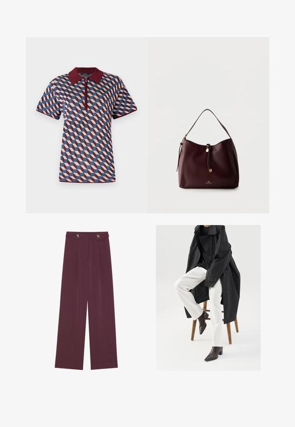 Polo à manches courtes avec un motif géométrique en bordeaux, bleu et crème, doté d'une fermeture éclair à l'avant et d'un col côtelé.; Pantalons taille haute, jambes larges en prune profonde avec deux boutons à la taille et des poches latérales, présentés à plat sur un fond blanc.; Un trench-coat noir, surdimensionné, porté sur un haut noir, associé à un pantalon blanc et des bottines à bout pointu marron, assis sur un tabouret en bois.; Sac à épaule en cuir marron foncé avec un pompon tressé, des accents dorés et le logo Anna Field à l'avant, sur un fond clair uni.