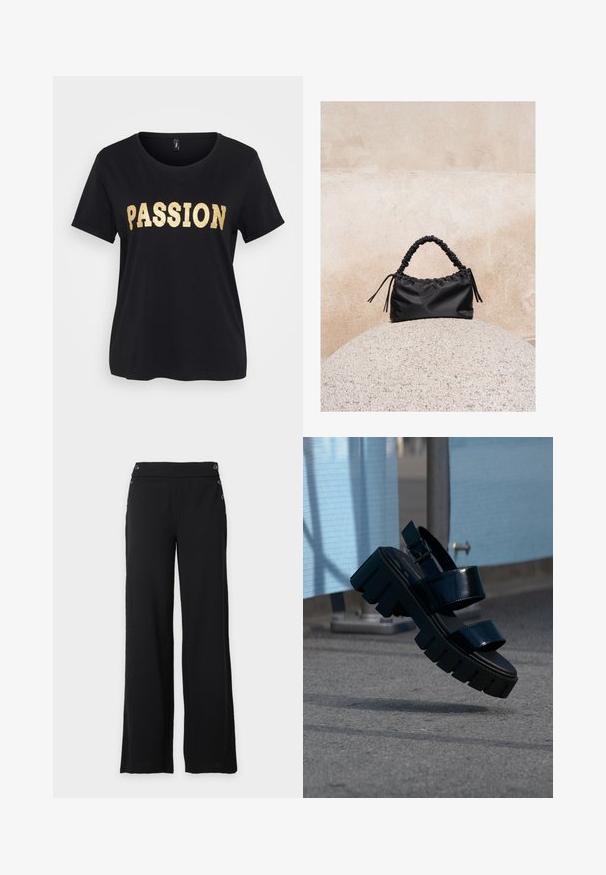 Zwarte katoenen T-shirt met korte mouwen en een ronde halslijn. Bevat gouden glinsterende tekst "PASSION" over de voorkant.; Zwarte broek met wijde pijpen, hoge taille en decoratieve knopen aan de voor- en zijkant.; Zwarte chunky platform sandaal met twee banden en gesp, zwevend in de lucht boven grijze bestrating en een blauwe stoffen achtergrond.; Zwarte gerimpelde handtas met een samengevoegde handvat, rustend op een gestructureerde stenen bol tegen een beige betonnen muur.