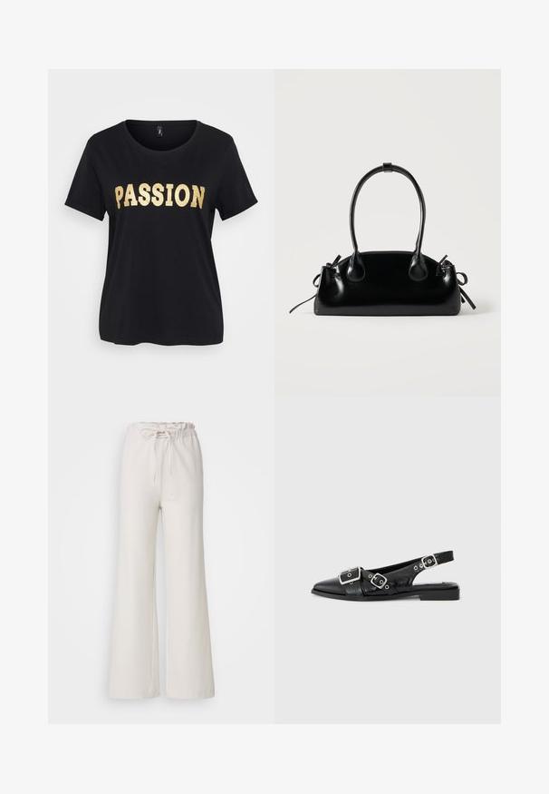Μαύρη βαμβακερή μπλούζα T-shirt με κοντά μανίκια και στρογγυλή λαιμόκοψη. Διαθέτει χρυσό γυαλιστερό κείμενο "PASSION" στο μπροστινό μέρος.; Ανοιχτό μπεζ παντελόνι με φαρδιά πόδια, ελαστική μέση και ρυθμιζόμενο κορδόνι. Φτιαγμένο από απαλό ύφασμα; διαθέτει απλή, αδιακόσμητη σχεδίαση.; Μαύρο δερμάτινο παπούτσι slingback με μυτερή μύτη, δύο ασημένιες πόρπες και χαμηλό τακούνι block. Διαθέτει υφή στην επάνω επιφάνεια και ανοιχτή πίσω πλευρά.; Μικρή μαύρη γυαλιστερή τσάντα με δύο μακριές λαβές και λεπτομέρειες με ρυθμιζόμενο κορδόνι στο πλάι σε απλό ανοιχτό φόντο.