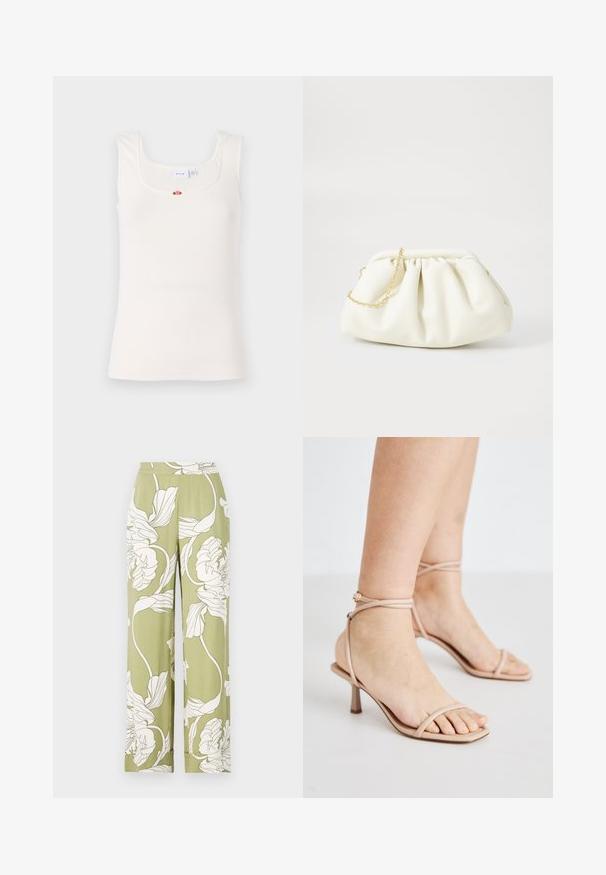 Débardeur blanc en côte avec un décolleté carré et des bretelles fines. Présente un petit accent floral au centre de la poitrine.; Pantalons larges à motif floral en vert clair avec des imprimés botaniques blancs. Dotés d'une taille élastique et d'un tissu doux et texturé.; Sandales nues à brides avec une fine bride de cheville, un design à bout carré et un petit talon carré. Texture lisse avec un minimum de détails.; Sac à main en cuir blanc avec un design plissé, doté d'une bandoulière en chaîne dorée et d'une forme arrondie. Texture lisse avec des plis doux et sans motifs.