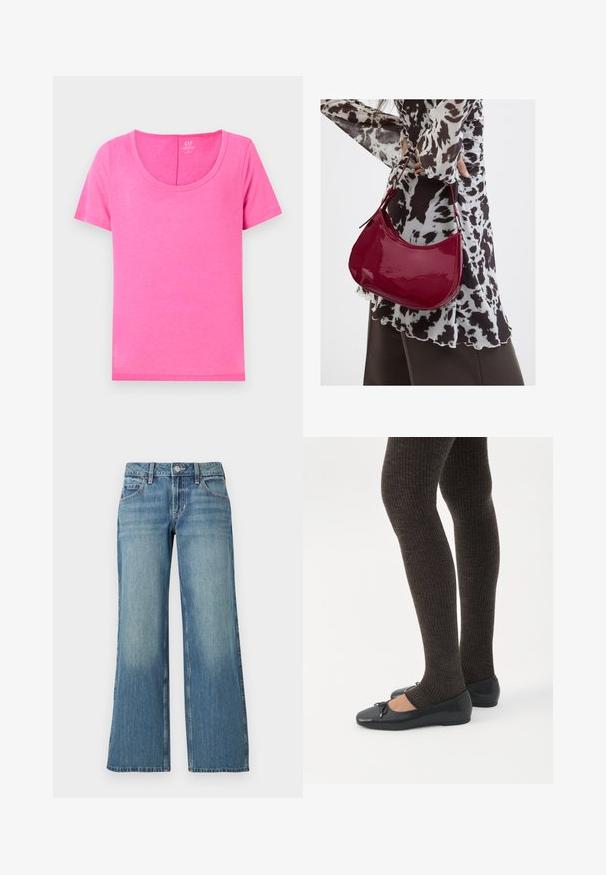 Camiseta de algodón rosa con escote redondeado y mangas cortas. Presenta una textura suave y un corte recto, adecuada para un uso casual.; Jeans de mezclilla azul claro con diseño de pierna ancha, cintura de altura media, bolsillos delanteros y sutiles desgastes, mostrando una textura suave.; Piernas con leggings oscuros acanalados combinados con bailarinas negras que presentan pequeños detalles de lazo sobre un fondo blanco.; Mujer con blusa de estampado en blanco y negro sosteniendo un bolso de hombro rojo brillante sobre un fondo liso.