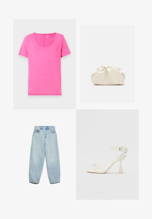 Camiseta de algodón rosa con escote redondeado y mangas cortas. Presenta una textura suave y un corte recto, adecuada para un uso casual.; Vaqueros de mezclilla azul claro con un corte relajado, cintura alta y piernas anchas, con una textura ligeramente desgastada y un clásico diseño de cinco bolsillos.; Sandalía de tacón alto con tiras en cuero blanco, con un diseño elegante, un tacón bloque transparente y un elemento decorativo en la punta.; Bolso de mano de cuero suave de color crema con diseño fruncido y plisado y una delgada correa para el hombro que descansa delante sobre un fondo liso.