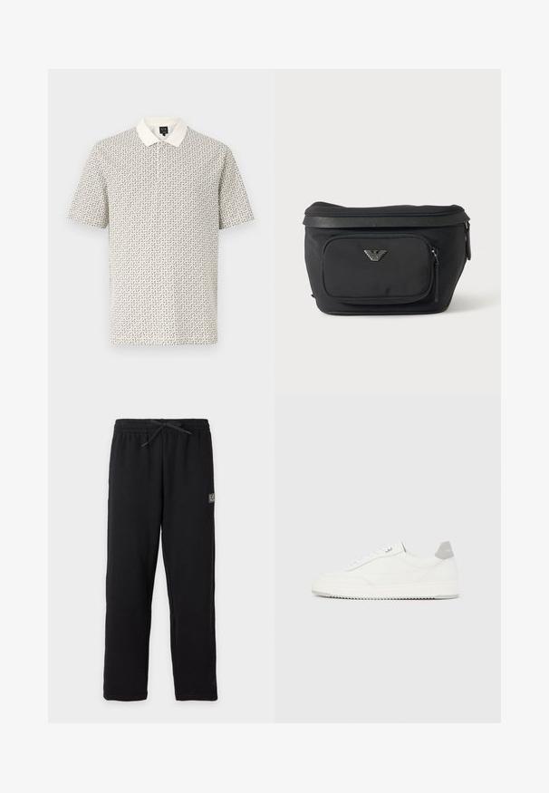 Polo blanc à manches courtes pour homme avec un petit motif géométrique noir et un col blanc uni, présenté sur un fond uni.; Pantalon de survêtement noir avec taille élastique et cordon, avec un petit patch logo EA7 rectangulaire sur la partie supérieure de la cuisse gauche.; Baskets basses blanches avec un onglet de talon gris, des lacets blancs et une semelle texturée, présentées sur un fond uni clair.; Sac banane noir avec poche avant zippée et logo aigle argenté, tissu lisse avec bordure texturée et tirettes de fermeture éclair.