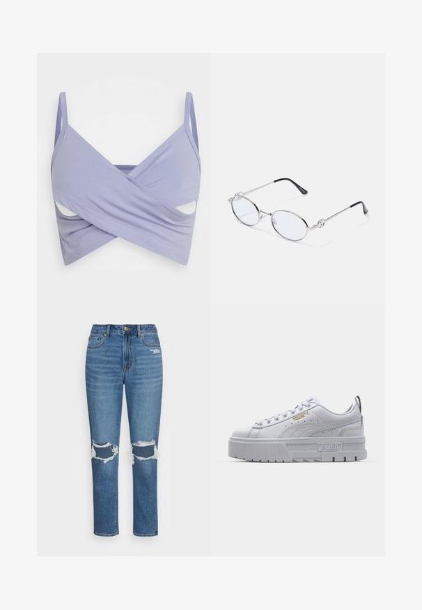 Even&Odd by Zalando Μπλούζα - lilac; American Eagle MOM - Slim fit jeans - cool classic; Λευκά αθλητικά παπούτσια με πλατφόρμα, από λείο δέρμα, με επενδυμένο κολάρο, γκρι καουτσούκ σόλα και χρυσές λεπτομέρειες με το λογότυπο της Puma.; Ασημένια μεταλλικά οβάλ γυαλιά με διαυγείς φακούς, που διαθέτουν διακοσμητικά στοιχεία στα πλάγια και μαύρα άκρα στους βραχίονες για επιπλέον στήριξη και άνεση.