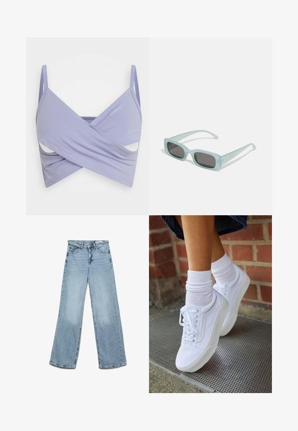 Even&Odd by Zalando Μπλούζα - lilac; Ανοιχτό μπλε τζιν ψηλόμεσο με φαρδιά μπάτζια, κλείσιμο με κουμπί και φερμουάρ, μπροστινές και πίσω τσέπες και θηλιές για ζώνη.; Λευκά καμβά παπούτσια με καουτσούκ σόλες, που διαθέτουν έξι τρυπούλες, στρογγυλή μύτη και λεπτομέρειες από ελαφριά ραφή, σε συνδυασμό με λευκές κάλτσες μέχρι τον αστράγαλο.; Ενα ζευγάρι ορθογώνια γυαλιά ηλίου με ανοιχτό μπλε ημιδιαφανείς σκελετούς και σκούρους γκρι φακούς, διαθέτοντας ίσιες βραχίονες και ελάχιστες λεπτομέρειες υλικών.