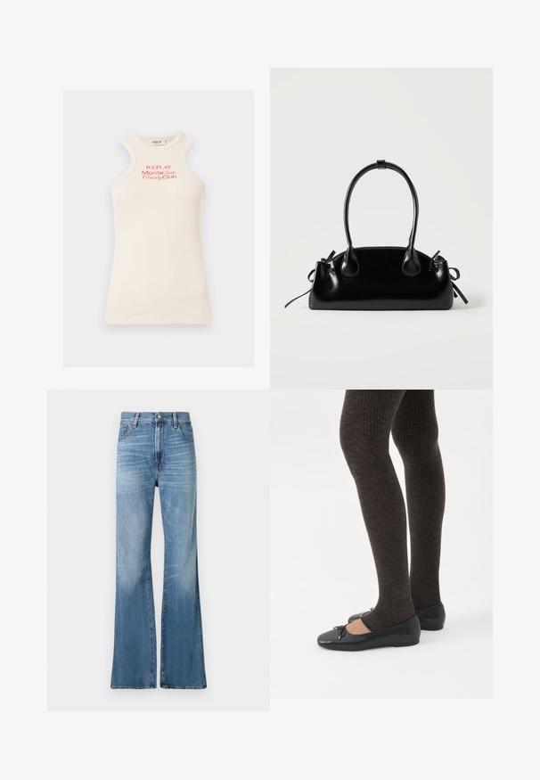 Débardeur côtelé sans manches en beige clair avec le logo rouge "REPLAY Monte Carlo Country Club". Il présente un col montant et un design unique des épaules.; Replay BECKA PANTS - Jean boyfriend - medium blue; Jambes portant des leggings côtelés foncés associés à des ballerines noires avec de petits détails en nœud sur fond blanc.; Petit sac à main noir brillant avec deux longues anses et des détails à cordon sur les côtés sur un fond clair uni.