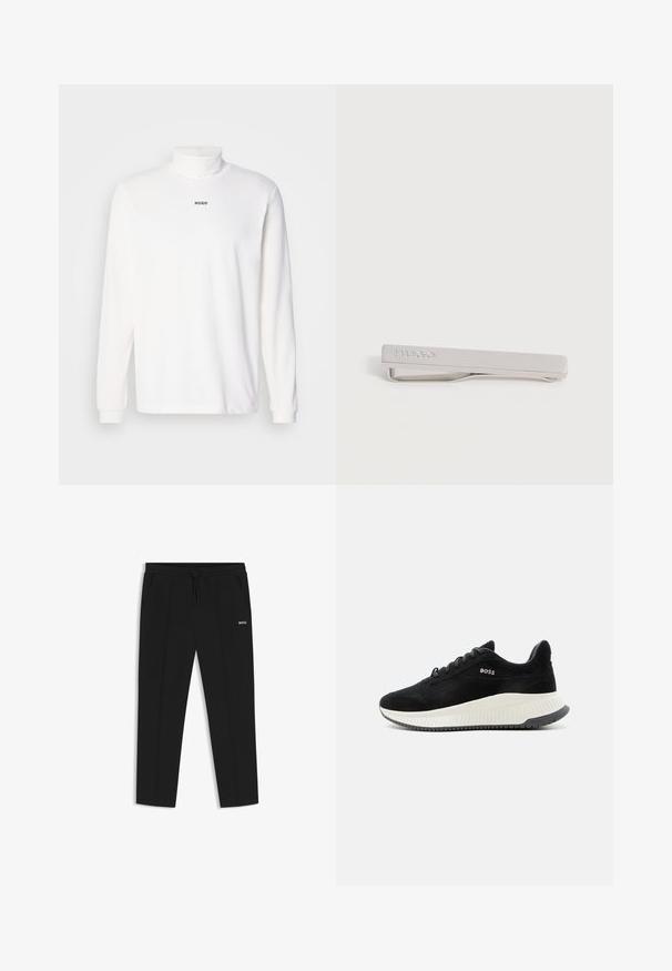 Camisa de cuello alto de manga larga blanca, hecha de una tela suave, con un sutil logo negro "HUGO" en la parte delantera y puños ajustados.; Pantalones negros de corte estrecho con cintura de cordón, bolsillos laterales, costuras delanteras y logo "BOSS" en el muslo derecho.; Zapatilla negra de perfil bajo con suela blanca texturizada y el logo "BOSS" en el lateral, vista desde el lado exterior sobre un fondo liso.; Pinza para corbata de metal plateado con el logo "HUGO" grabado sobre una superficie rectangular y lisa sobre un fondo blanco.