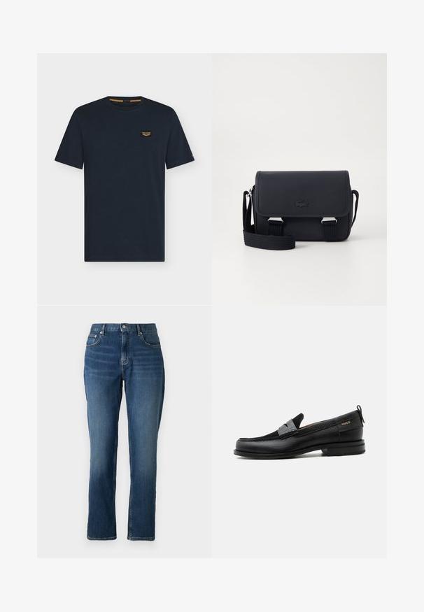 Donkerblauw T-shirt met korte mouwen en ronde hals met een klein rechthoekig logoplaatje op de linkerborst.; Donkerblauwe denim jeans met een rechte pijp, vijf-pocket ontwerp, knoop- en ritsluiting, en subtiele vervaging bij de dijen.; Zwarte leren loafer met grijs riemdetailelement, lage hak en gestructureerde zool, aan de zijkant gebrandmerkt met "HUGO" in goud.; Lacoste CROSSOVER BAG CLASSIC - Schoudertas - noir